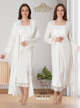 Effortt 3041 EKRU Dantelli Sabahlıklı Lohusa Gecelik Takımı